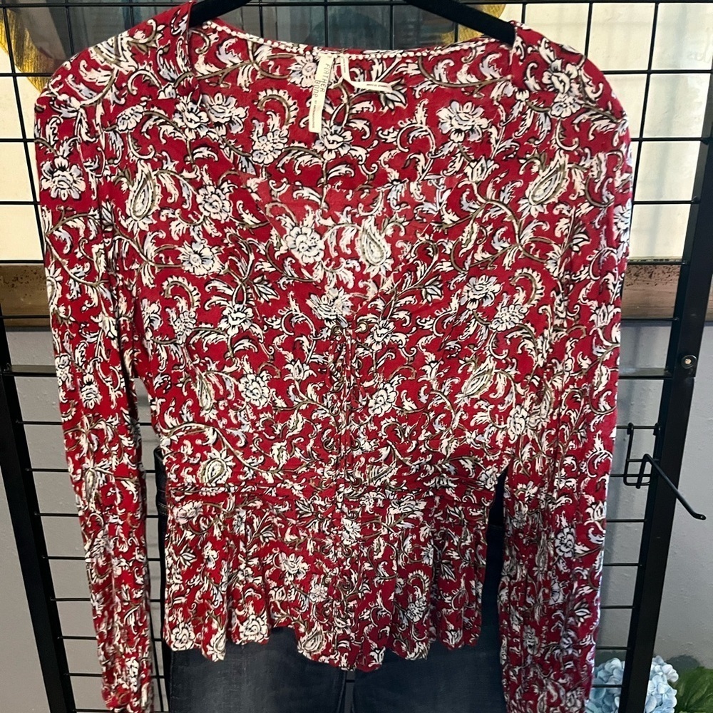 Red and White Smocked Peplum Blouse with Long Sleeves